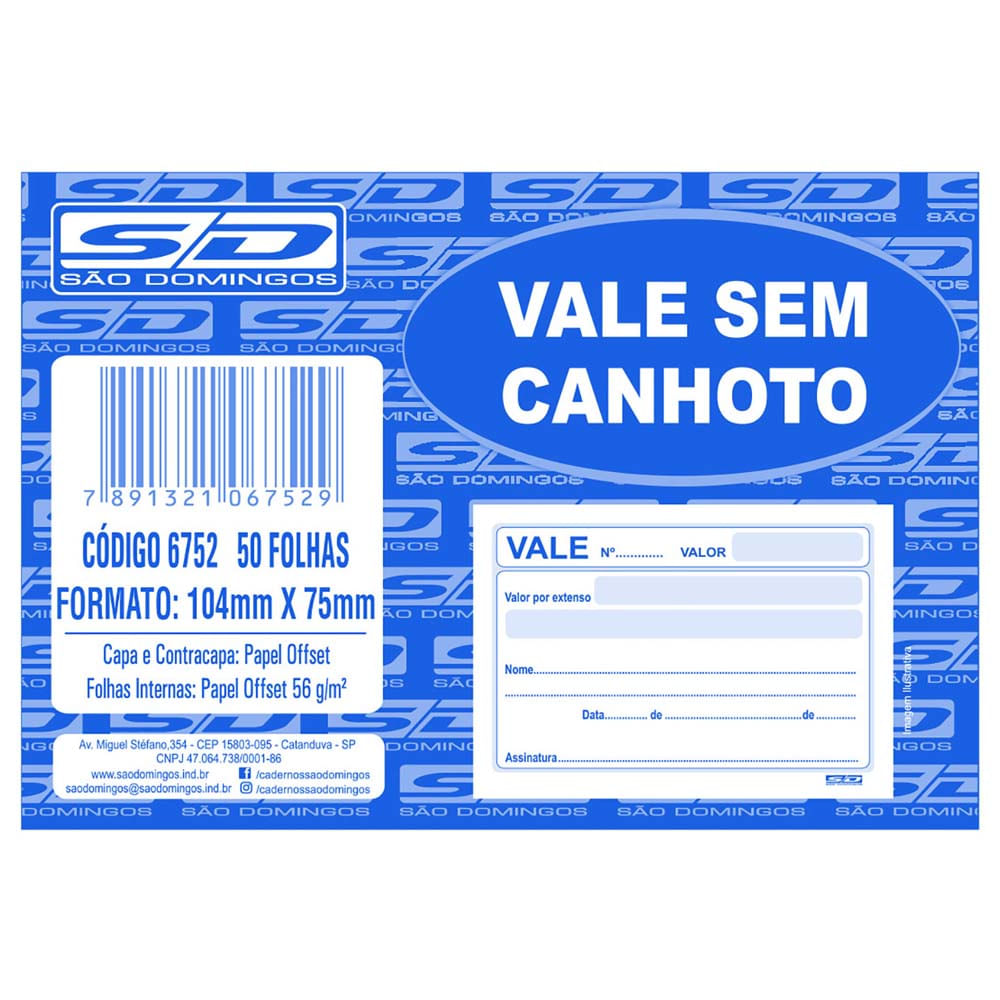 Vale Sem Canhoto São Domingos 50 Folhas Costaatacado 3906