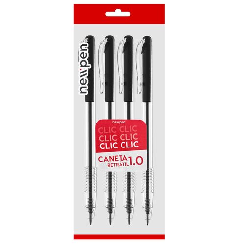 Caneta-Esferografica-1.0mm-Clic-Preta-Newpen-4-Unidades